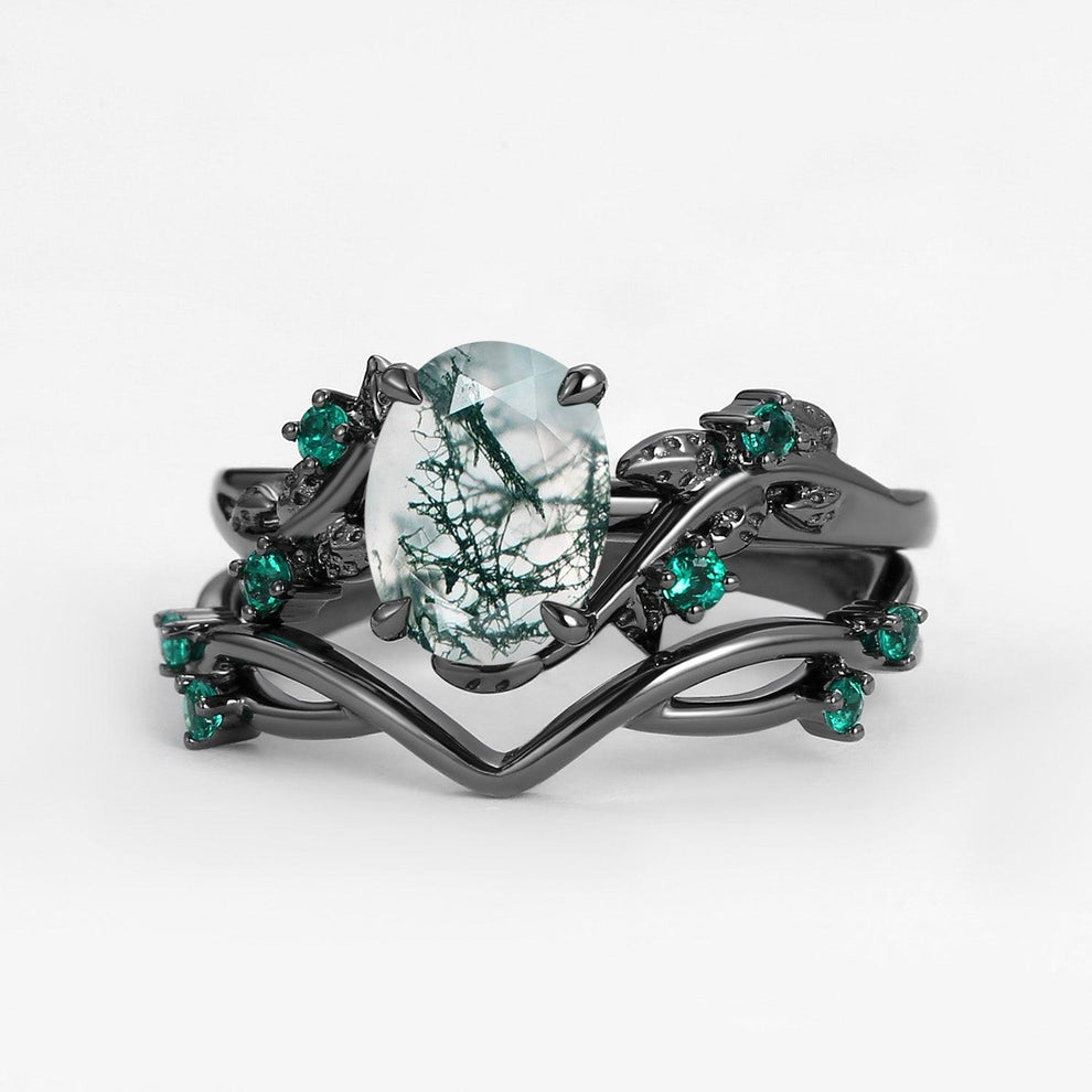 Sylvie’s Nocturne | Oval Cut Moss Agate Leafy Black Gold Ring Set 2pcs.