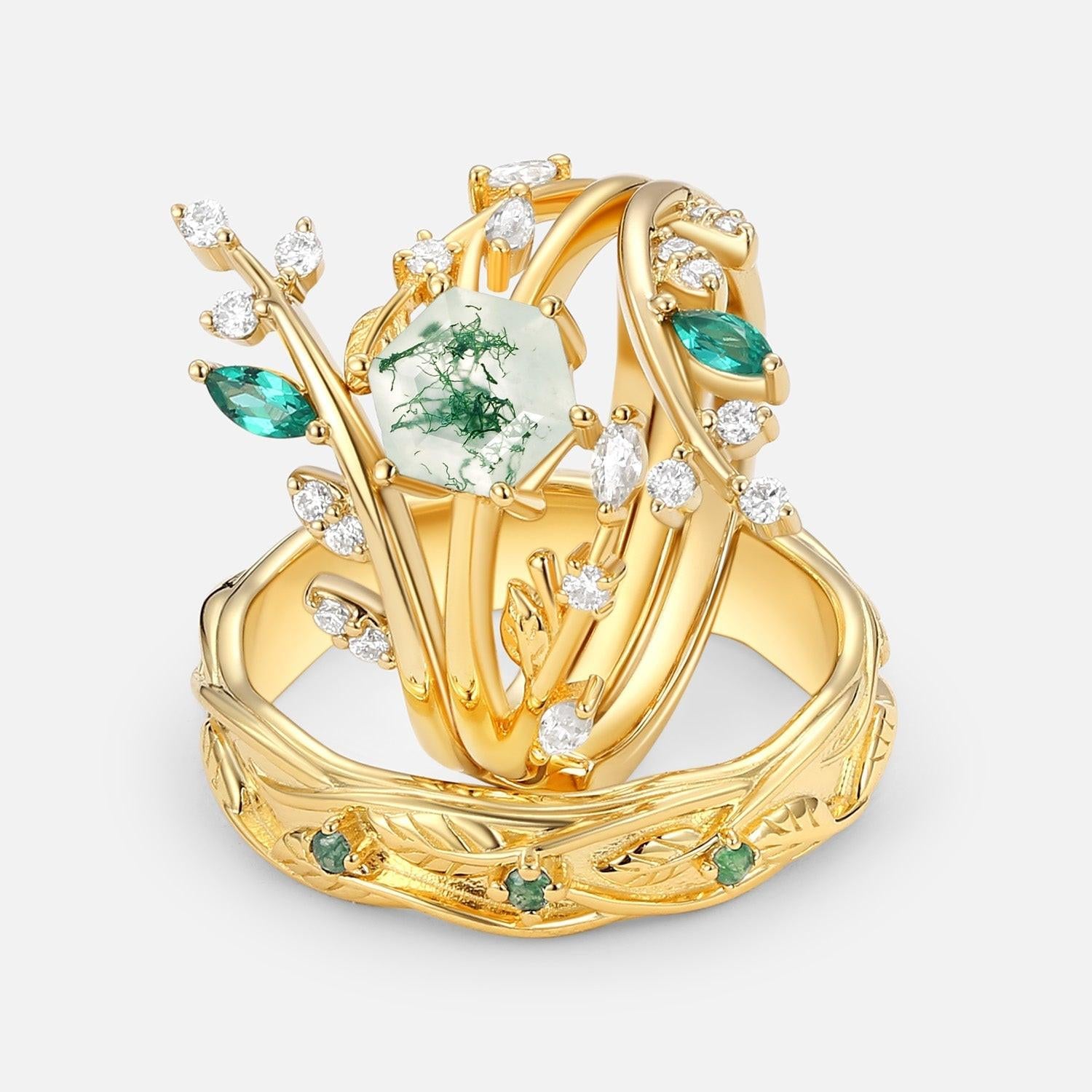 Flora’s Lattice | Hexagon Moss Agate Cage Leafy Couple Set 3pcs.