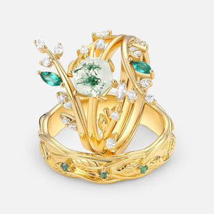 Flora’s Lattice | Hexagon Moss Agate Cage Leafy Couple Set 3pcs.