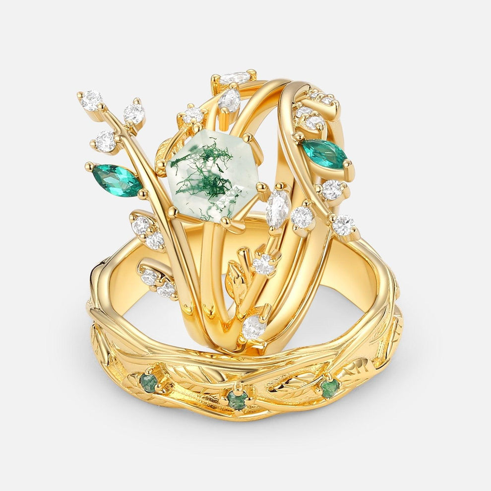 Flora’s Lattice | Hexagon Moss Agate Cage Leafy Couple Set 3pcs.