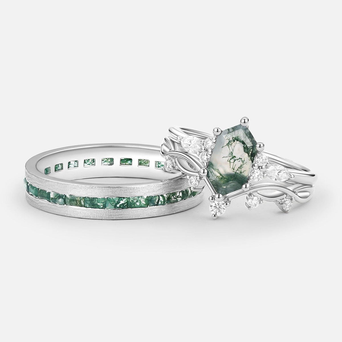 Maia’s Glade | Long Hexagon Moss Agate Leafy Couple Ring Set 3pcs.