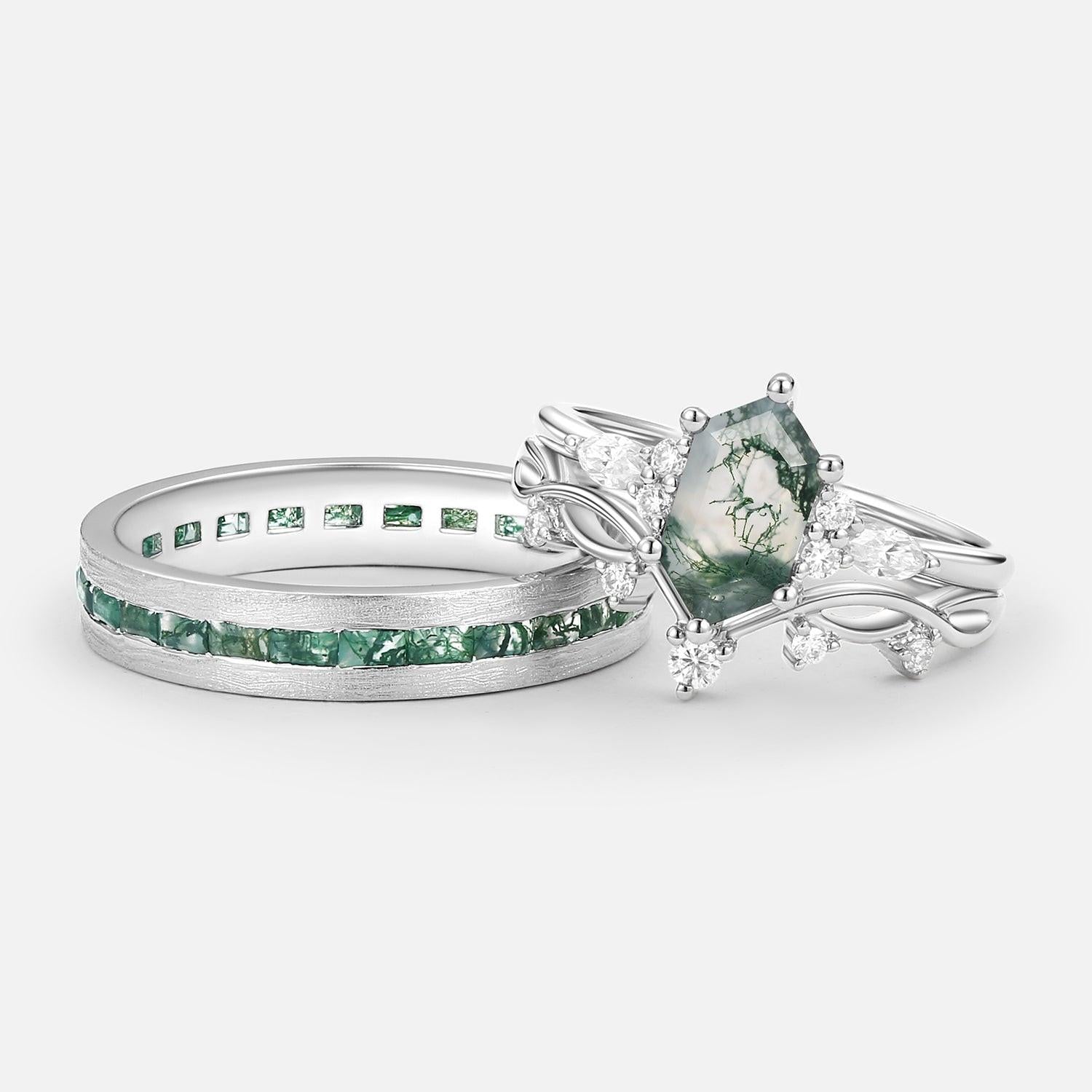 Maia’s Glade | Long Hexagon Moss Agate Leafy Couple Ring Set 3pcs.