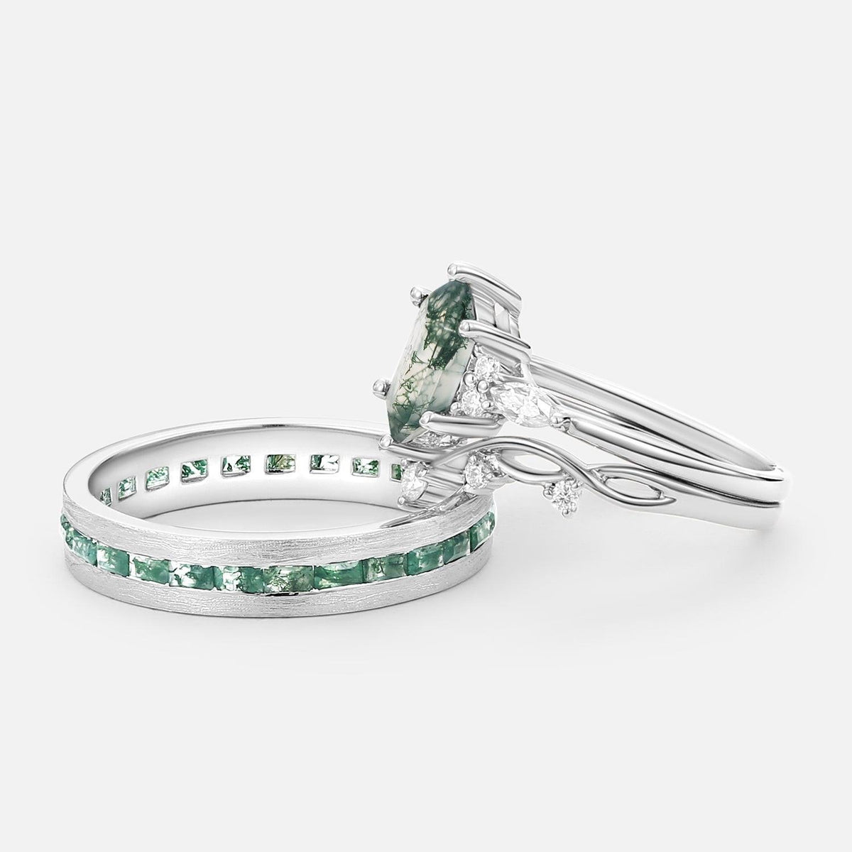 Maia’s Glade | Long Hexagon Moss Agate Leafy Couple Ring Set 3pcs.