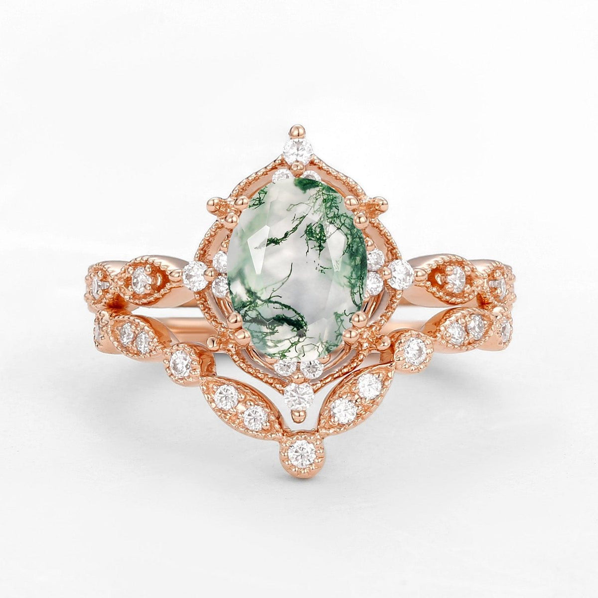 Brynn Oval Moss Agate & Moissanite Classic Ring Set 2pcs.