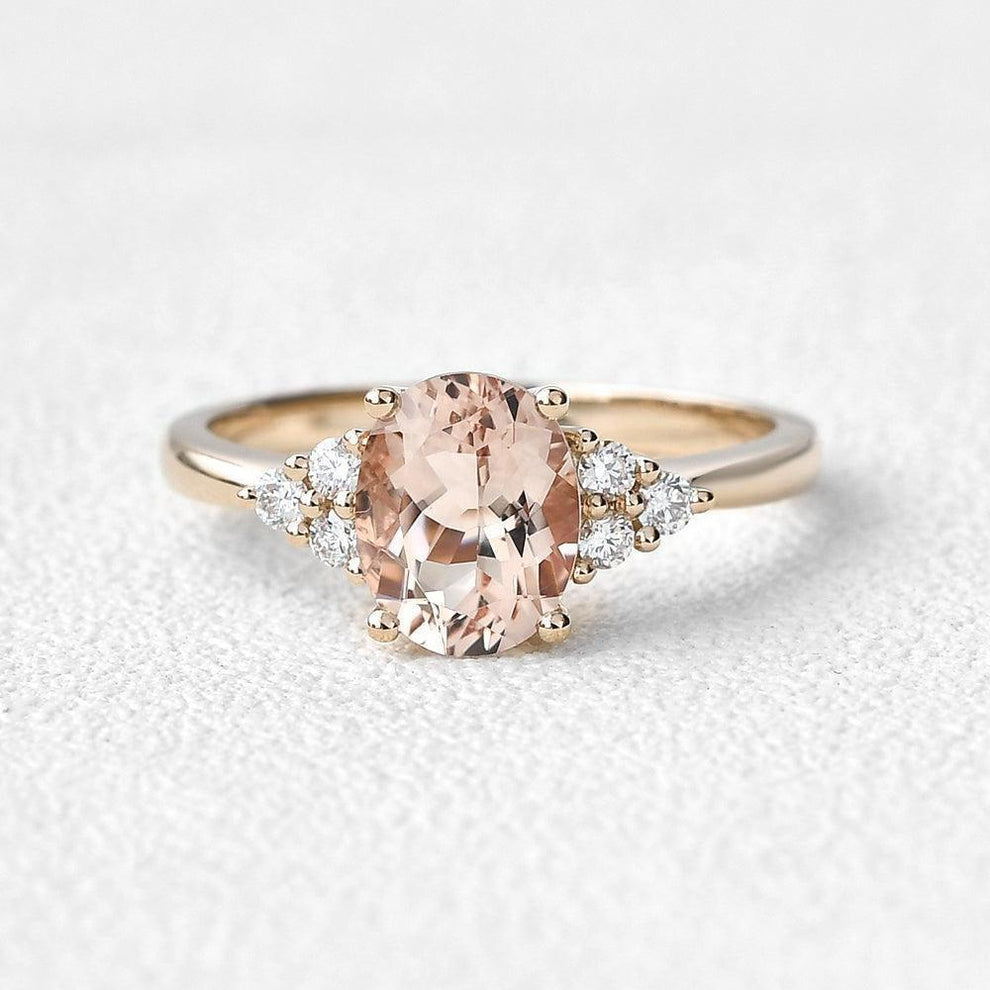 Aurora’s Dew | Oval Moss Agate Classic Cluster Engagement Ring.