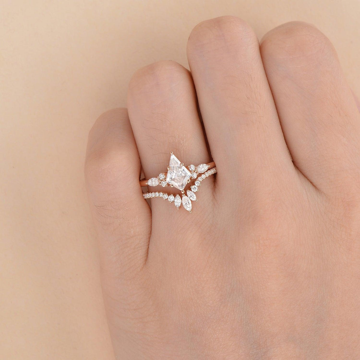 Adela’s Promise | Kite Cut Moss Agate Three Stone Engagement Ring Set 2pcs.