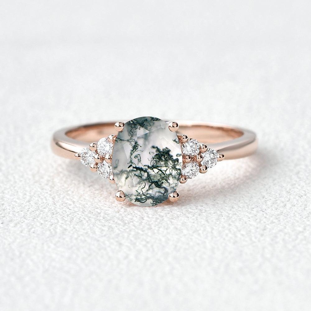 Aurora’s Dew | Oval Moss Agate Classic Cluster Engagement Ring.
