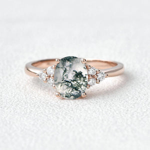 Aurora’s Dew | Oval Moss Agate Classic Cluster Engagement Ring.
