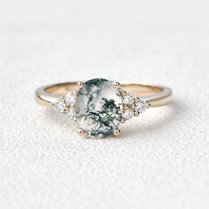 Aurora’s Dew | Oval Moss Agate Classic Cluster Engagement Ring.