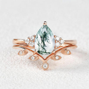 1.5ct Pear Moss Agate Leafy Ring Set 2pcs.