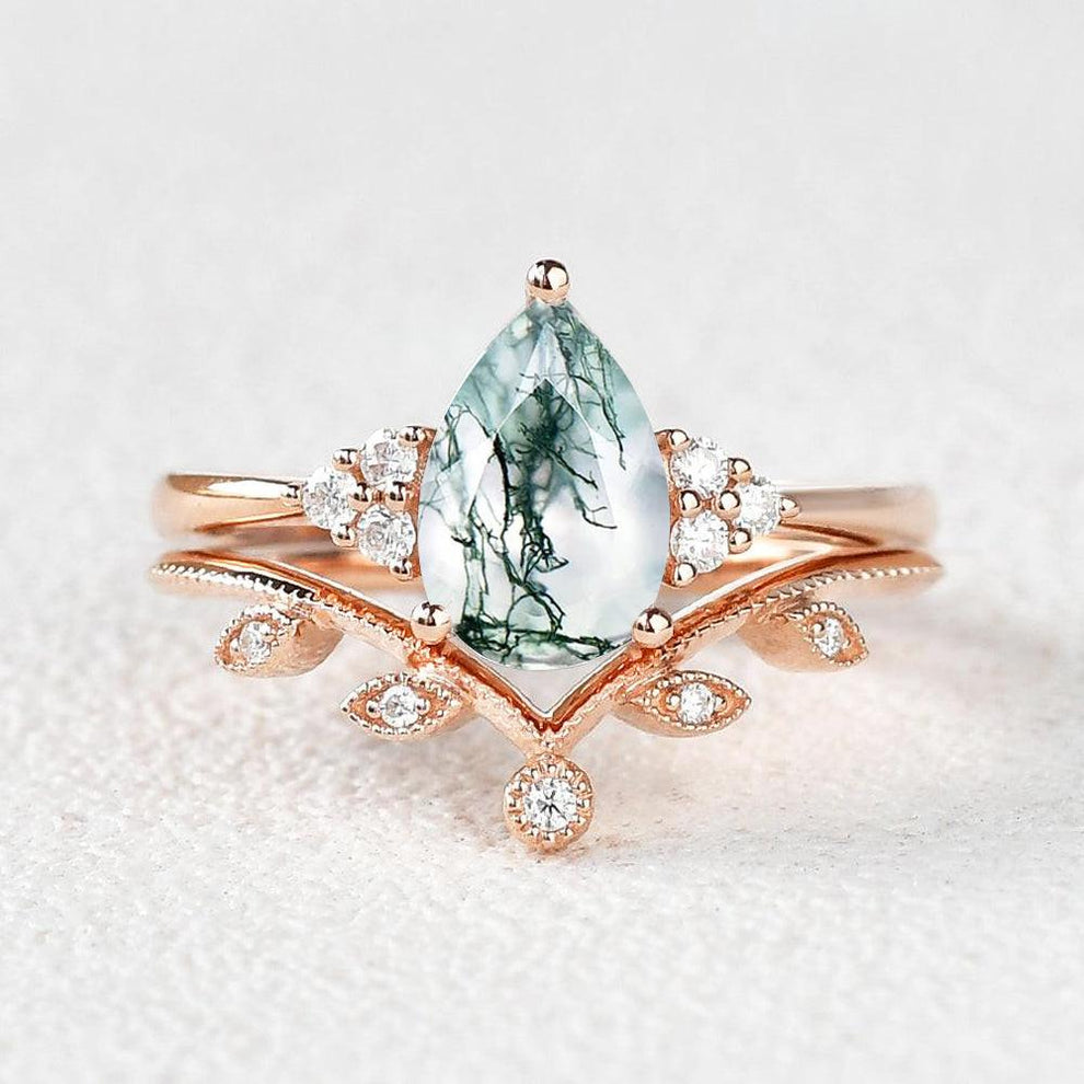 1.5ct Pear Moss Agate Leafy Ring Set 2pcs.