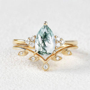 1.5ct Pear Moss Agate Leafy Ring Set 2pcs.