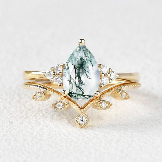 1.5ct Pear Moss Agate Leafy Ring Set 2pcs.