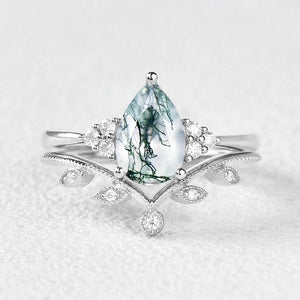 1.5ct Pear Moss Agate Leafy Ring Set 2pcs.