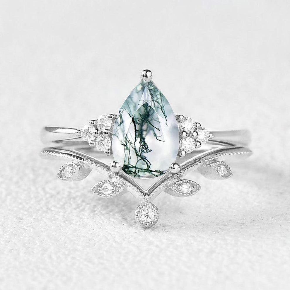 1.5ct Pear Moss Agate Leafy Ring Set 2pcs.