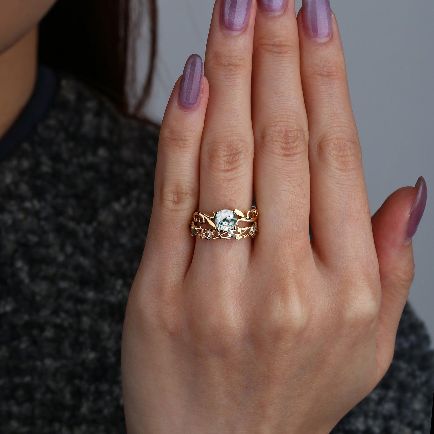 Moss Agate Round Shaped Leafy Marquise Engagement Ring Sets.