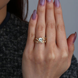Moss Agate Round Shaped Leafy Marquise Engagement Ring Sets.