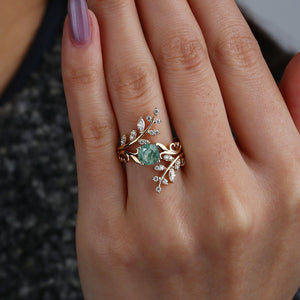 Round Shaped Vine Moss Agate Engagement Ring Sets 2PCS.