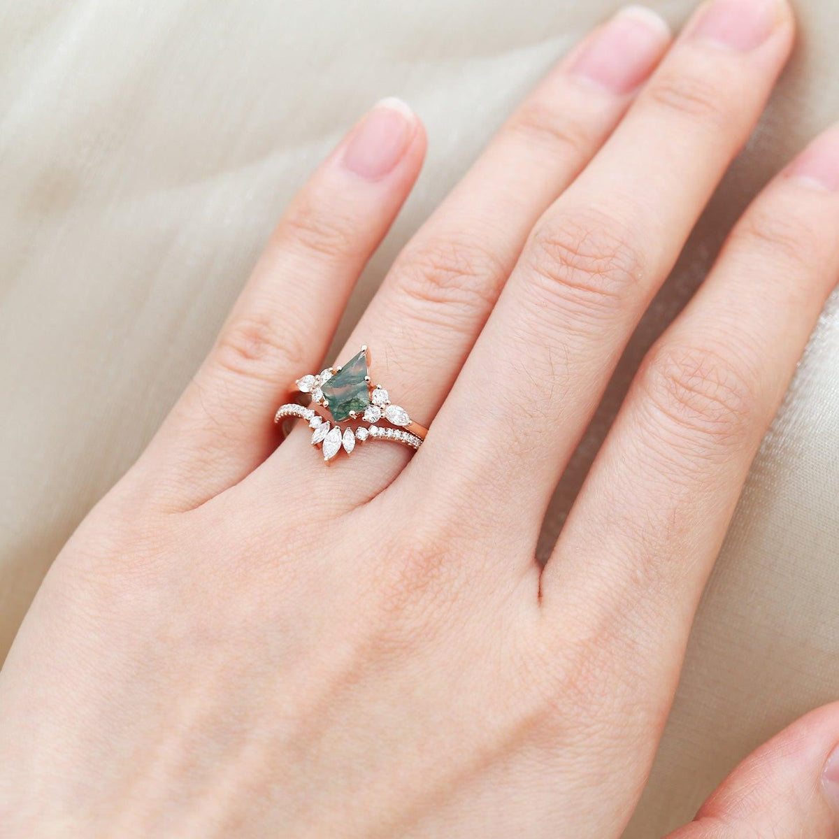 Adela’s Promise | Kite Cut Moss Agate Three Stone Engagement Ring Set 2pcs.