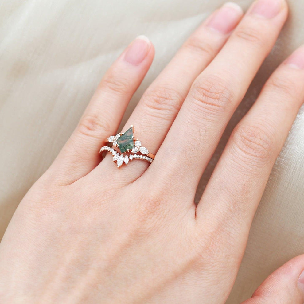 Adela’s Promise | Kite Cut Moss Agate Three Stone Engagement Ring Set 2pcs.