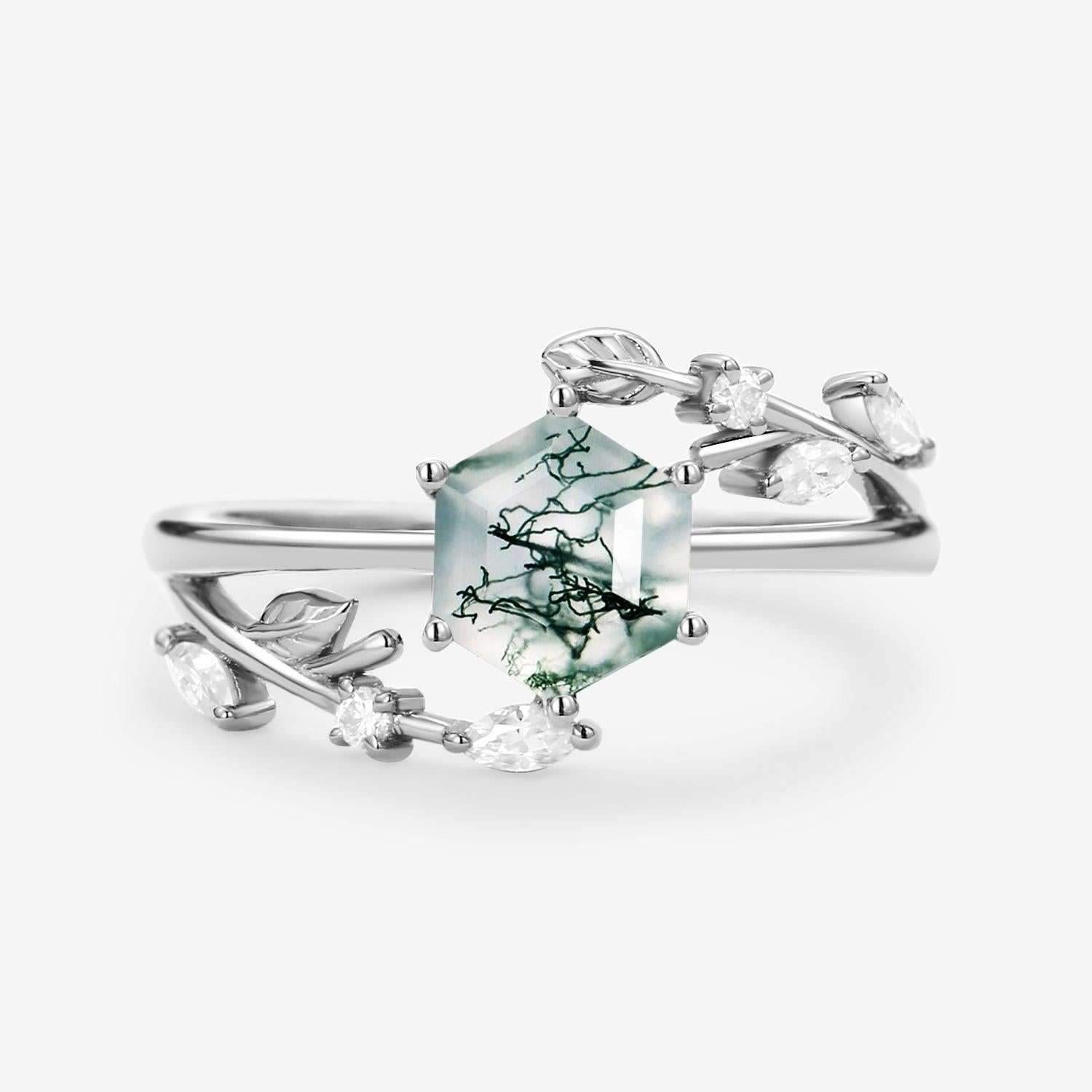 Perfect Hexagon Cut Moss Agate Leafy Engagement Ring.