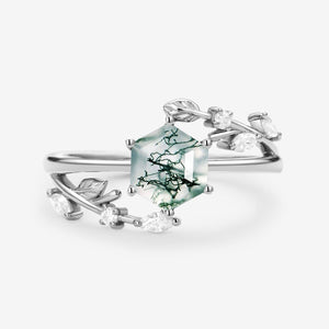 Perfect Hexagon Cut Moss Agate Leafy Engagement Ring.
