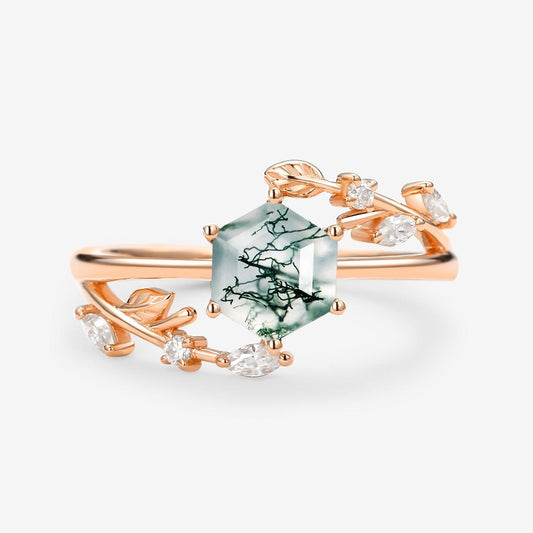 Perfect Hexagon Cut Moss Agate Leafy Engagement Ring.
