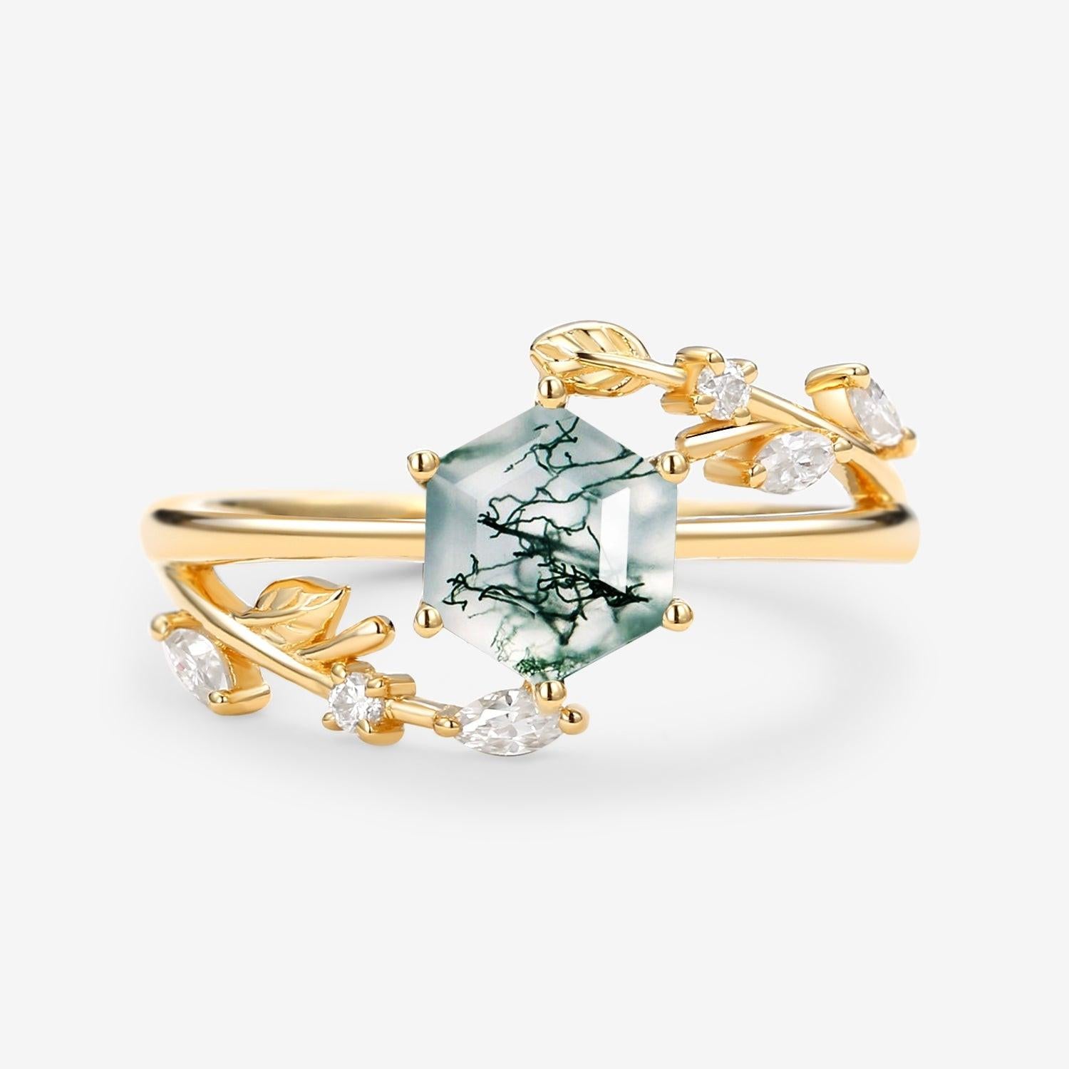 Perfect Hexagon Cut Moss Agate Leafy Engagement Ring.