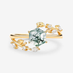 Perfect Hexagon Cut Moss Agate Leafy Engagement Ring.