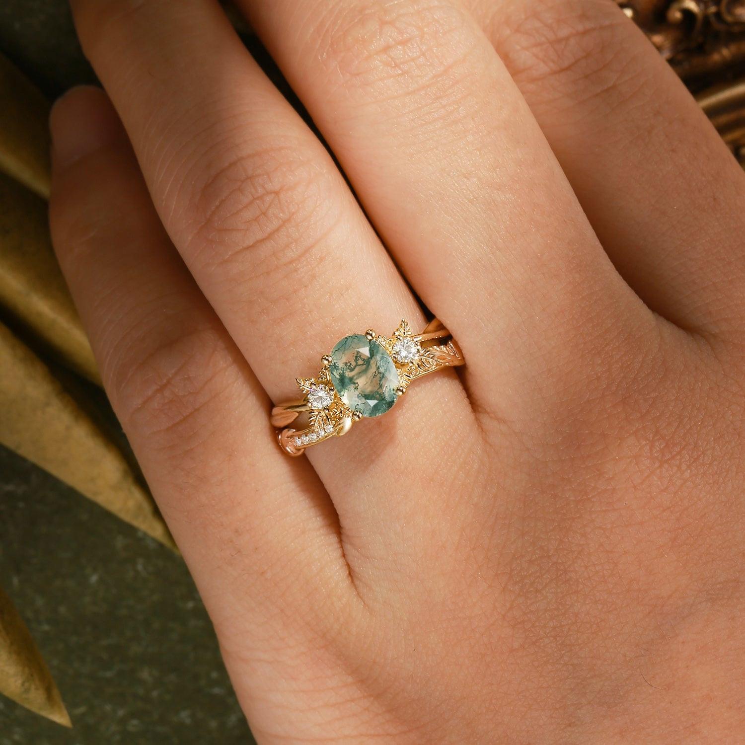 Flora Oval Cut Moss Agate Leafy Flower Engagement Ring Set 2pcs.