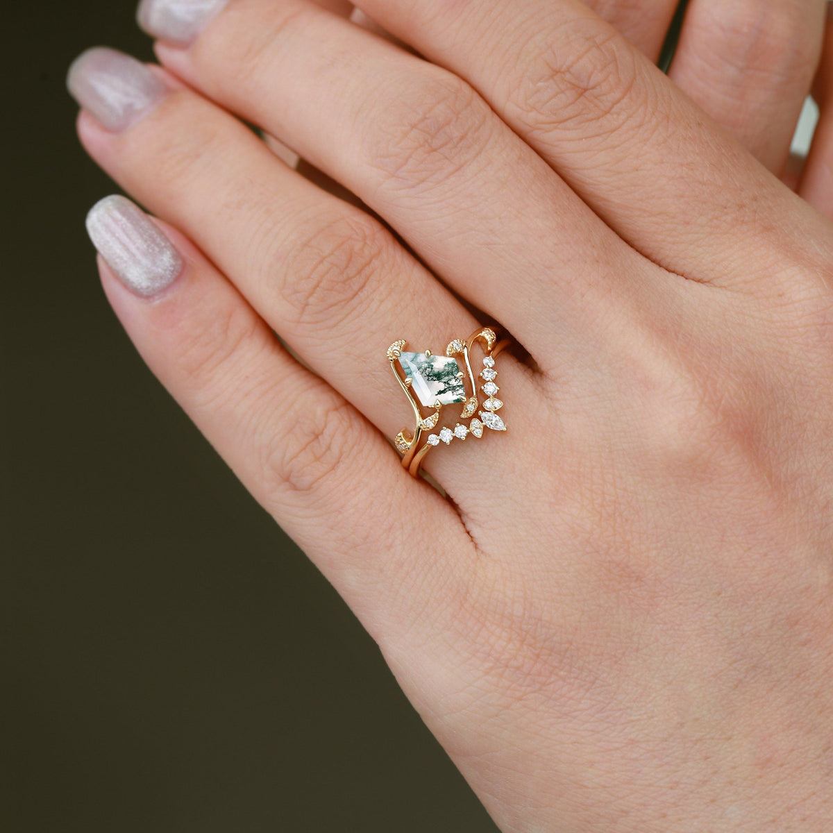 Ivy Unique Kite Cut Moss Agate Leafy Engagement Ring Sets 2pcs.