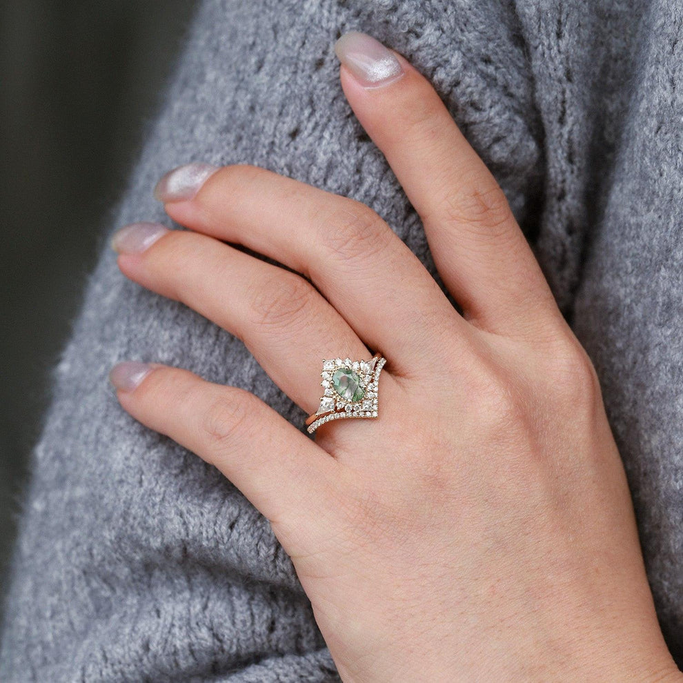 Aadhya Oval Moss Agate Halo Ring Set 2pcs.