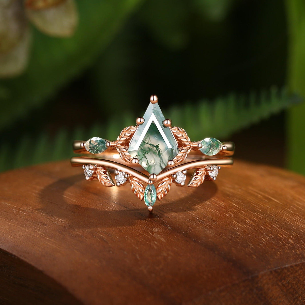 Unique Moss Agate Kite Cut Leaf Ring Set 2pcs.