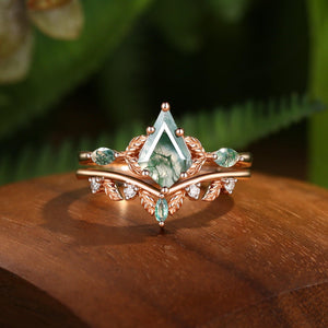 Unique Moss Agate Kite Cut Leaf Ring Set 2pcs.