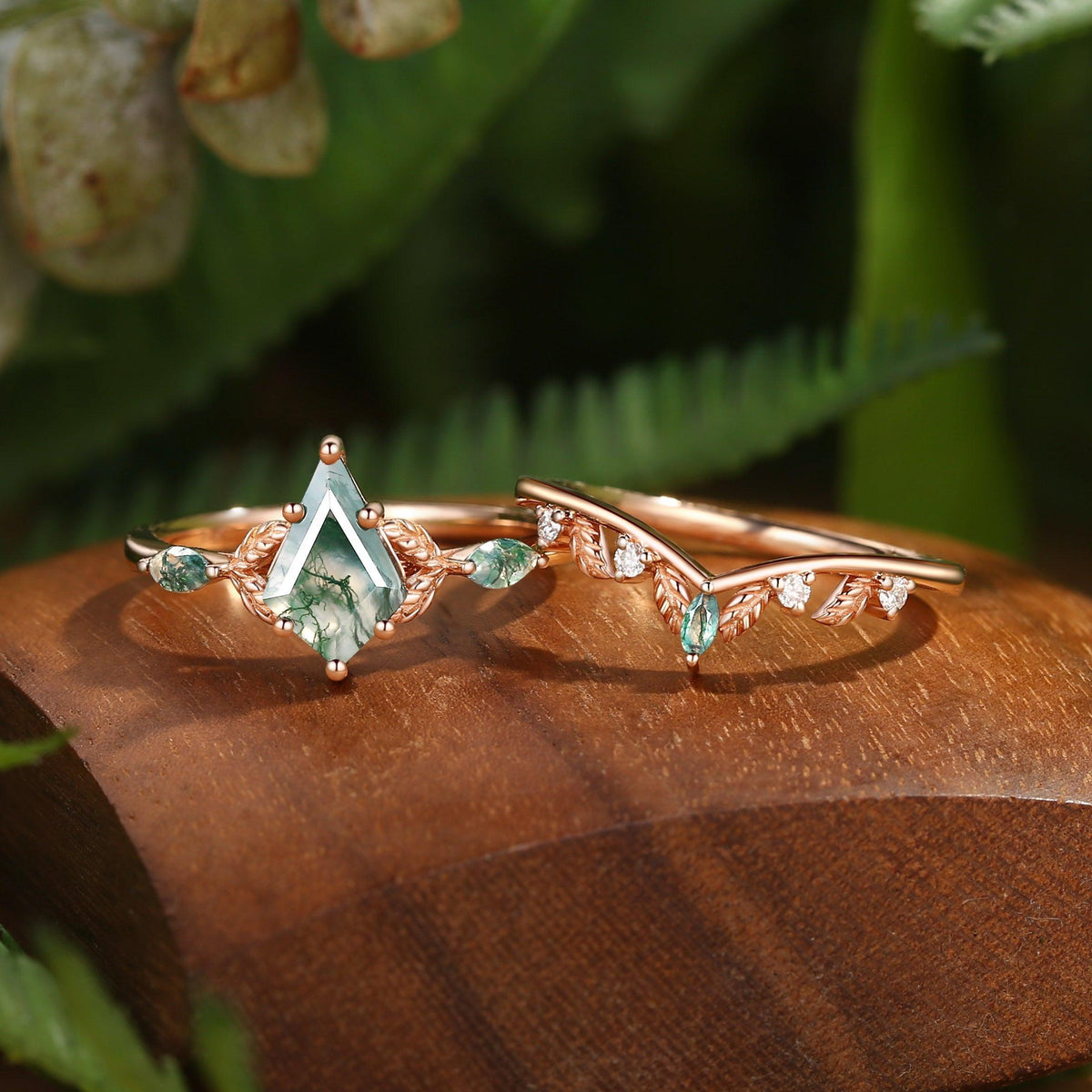 Unique Moss Agate Kite Cut Leaf Ring Set 2pcs.