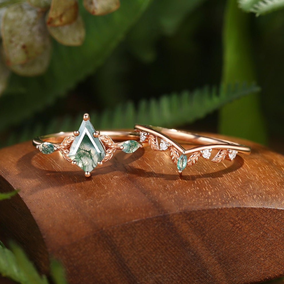 Unique Moss Agate Kite Cut Leaf Ring Set 2pcs.