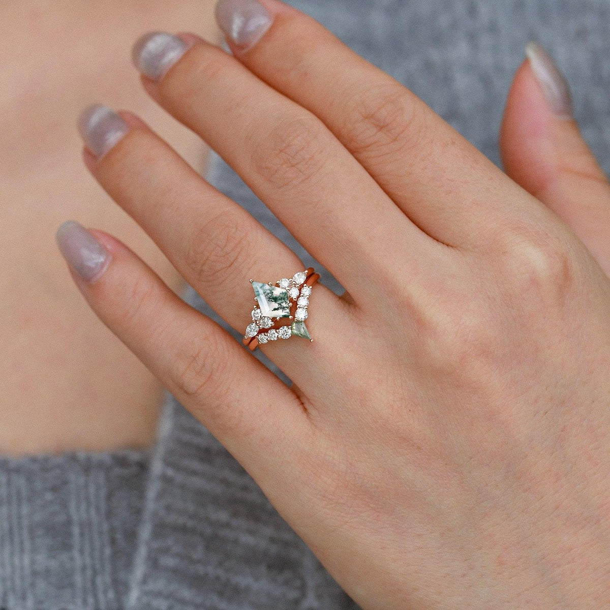 Twin Flames - Black Gold Kite Cut Unique Moss Agate Ring Sets 2pcs.