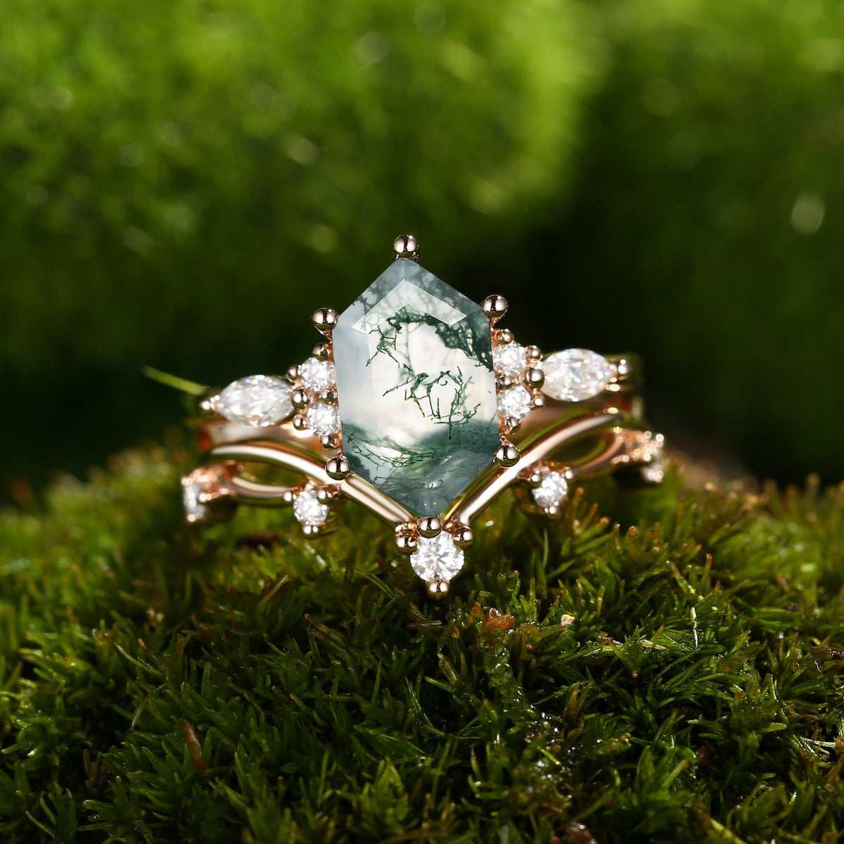 Flora’s Stem | Long Hexagon Moss Agate Engagement Ring Set 2pcs.