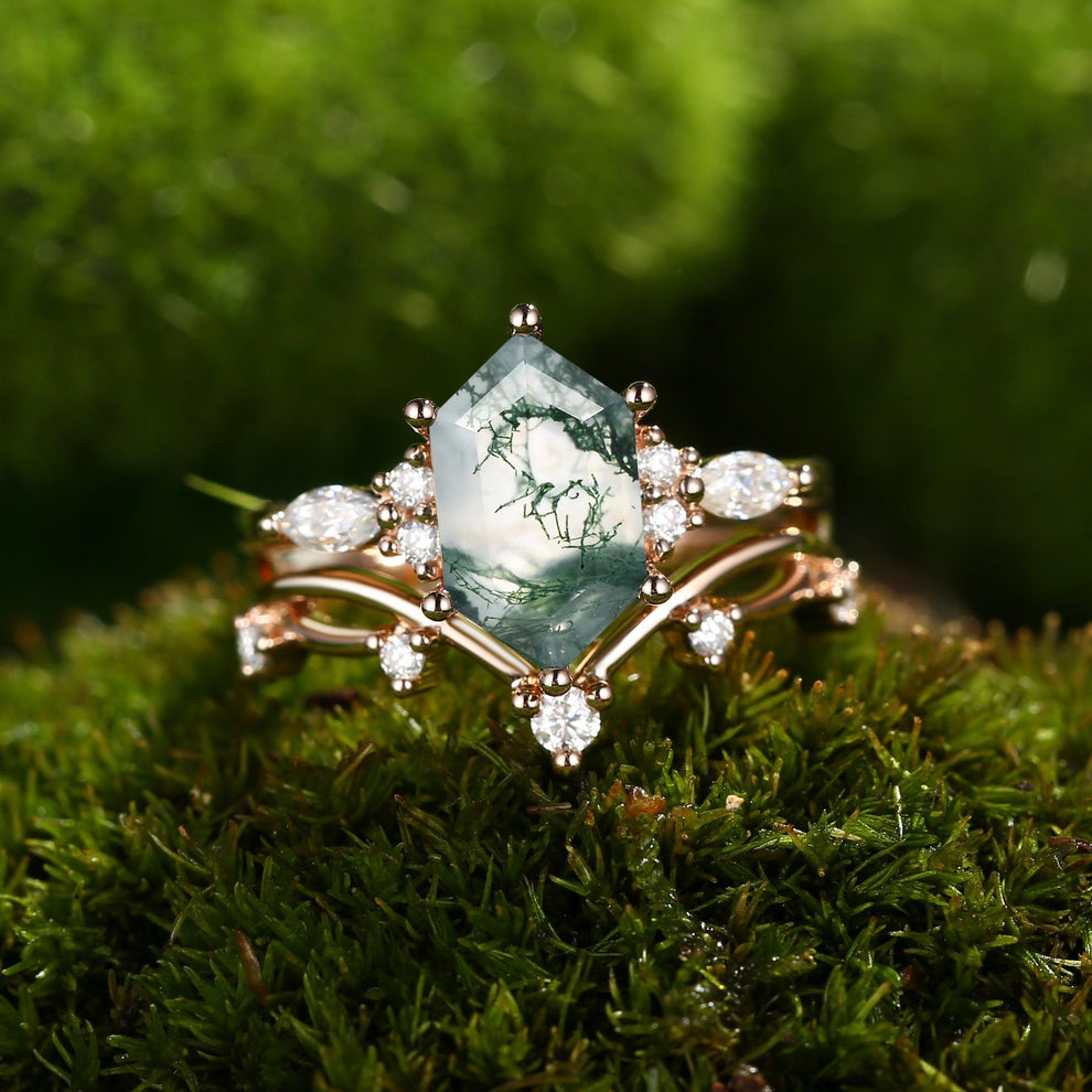 Flora’s Stem | Long Hexagon Moss Agate Engagement Ring Set 2pcs.