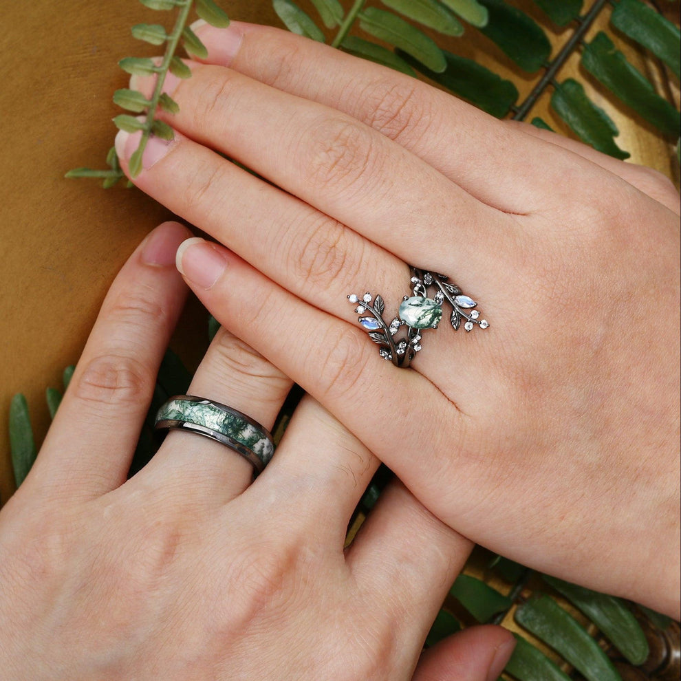 Sylvie’s Blackwood | Black Gold & Oval Moss Agate Couple Ring Set 3pcs.