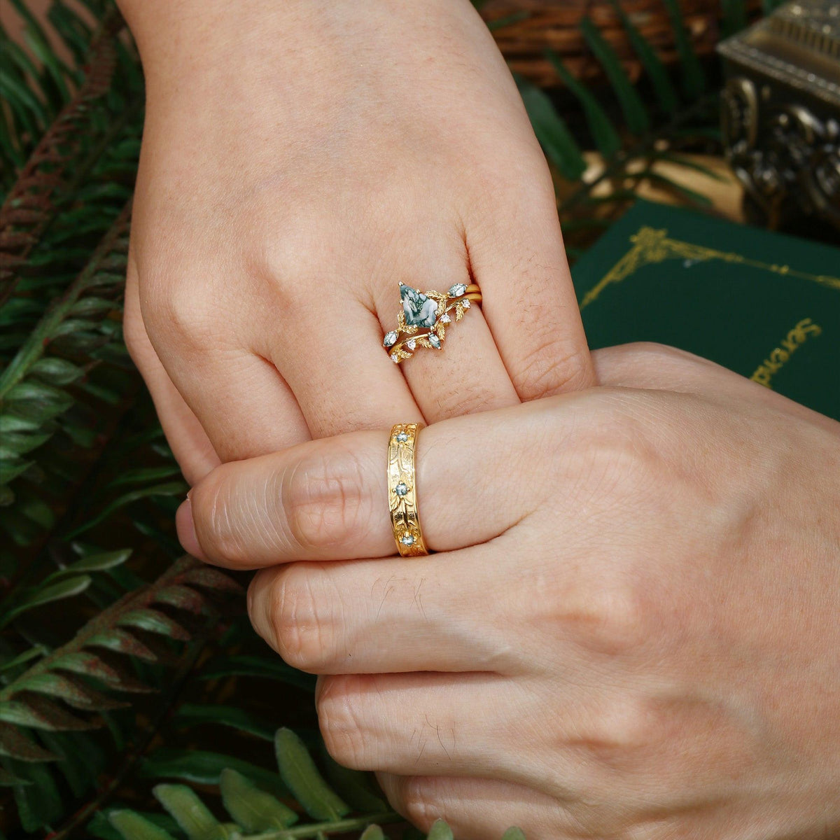 Sylvie’s Bower | Kite Cut Moss Agate Leafy Cluster Couple Ring Set 3pcs.