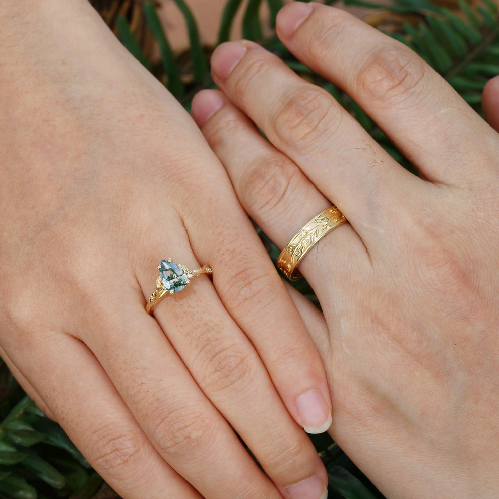 Laurel’s Spinney | Pear Moss Agate Leaf Wedding Band Couple Set 3pcs.