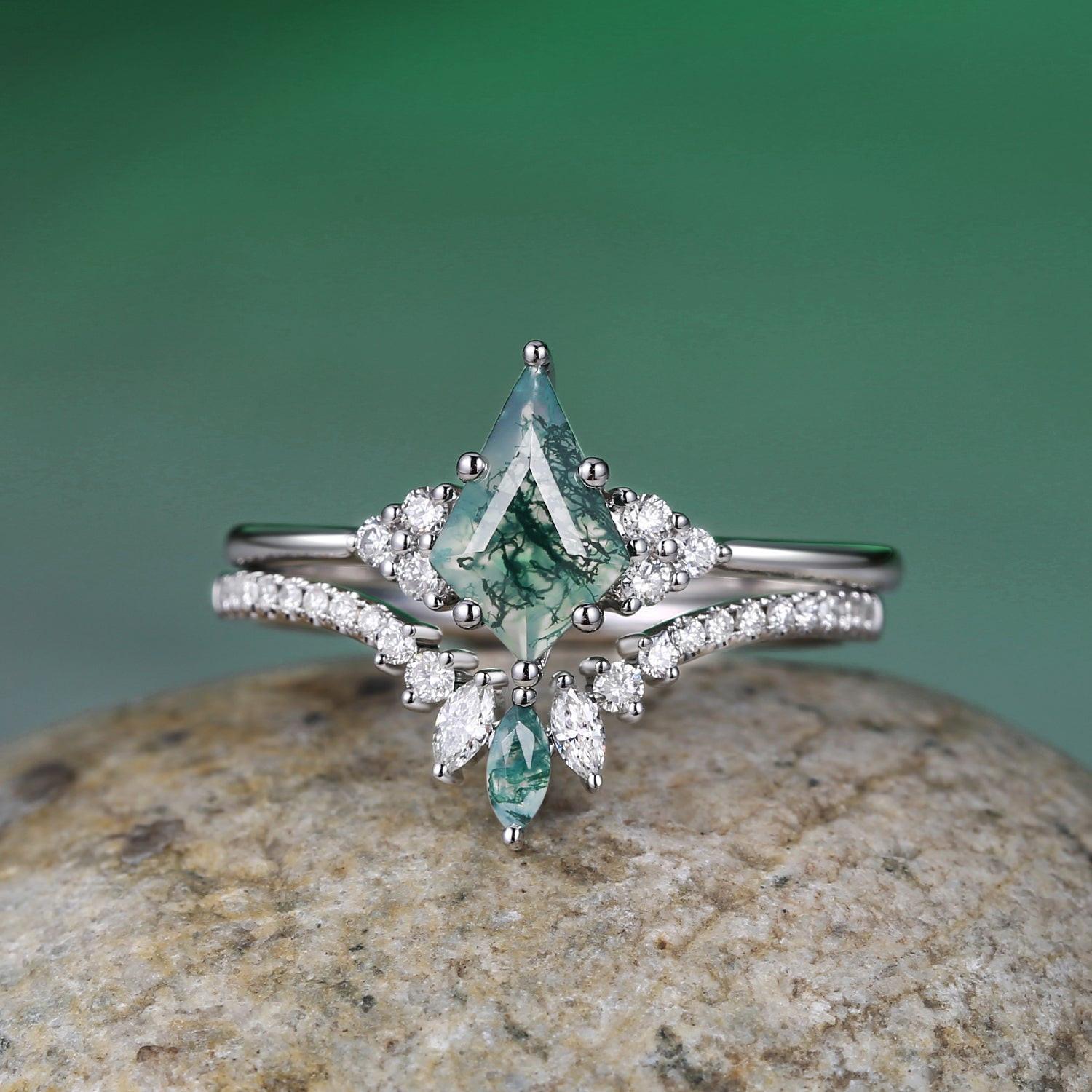 Lydia Unique Moss Agate Cluster Engagement Ring Set 2pcs.