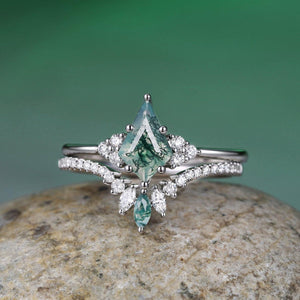 Lydia Unique Moss Agate Cluster Engagement Ring Set 2pcs.
