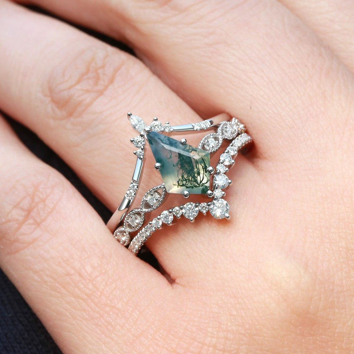 Vintage Kite Cut Moss Agate Engagement Ring Set 3pcs.
