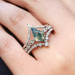 Vintage Kite Cut Moss Agate Engagement Ring Set 3pcs.
