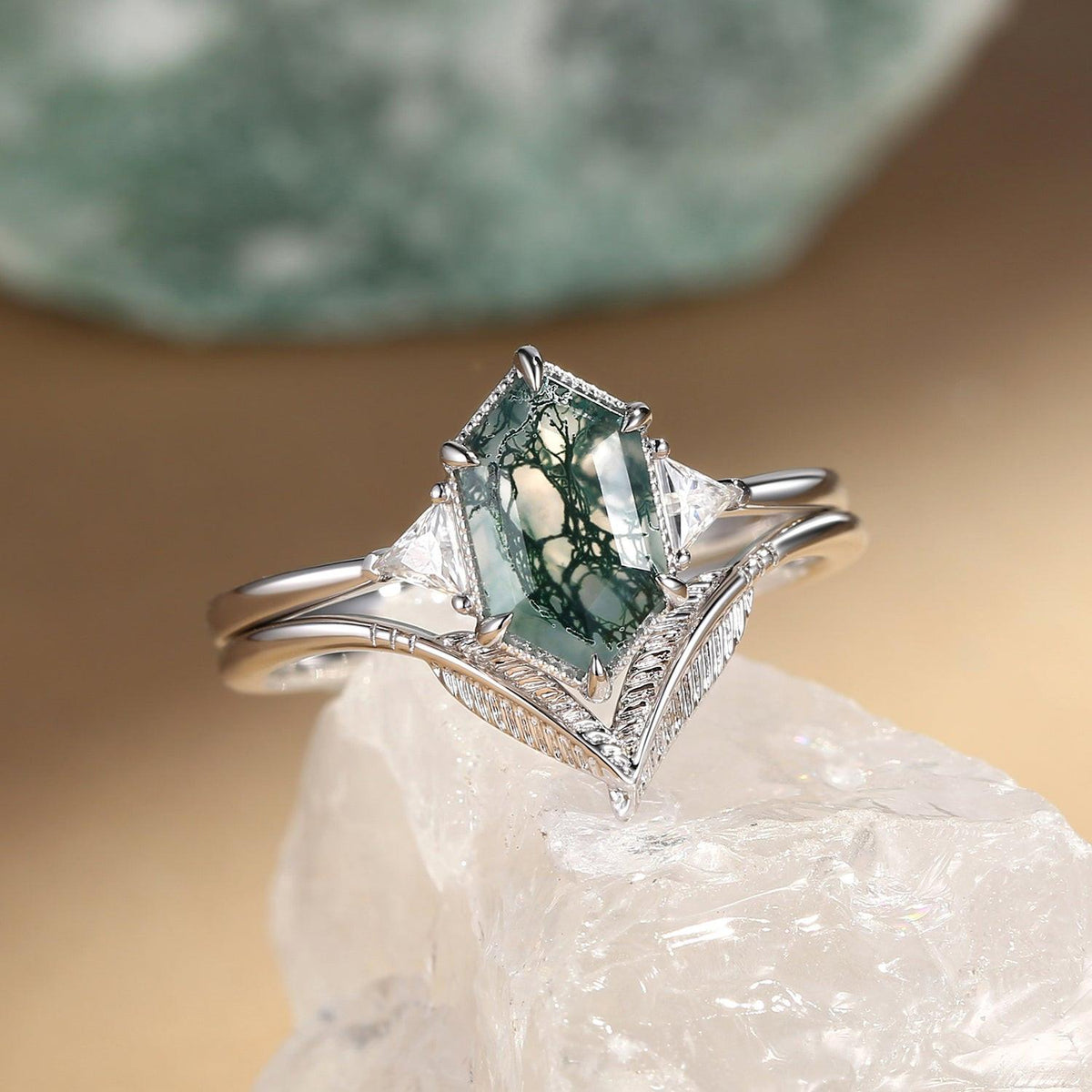 Ariel Long Hexagon Big Moss Agate Coconut Tree Leafy Ring Set 2pcs.