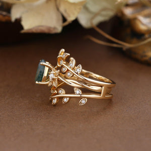 Léonie Oval Cut Moss Agate Leafy Enhancer Ring Set 2pcs.