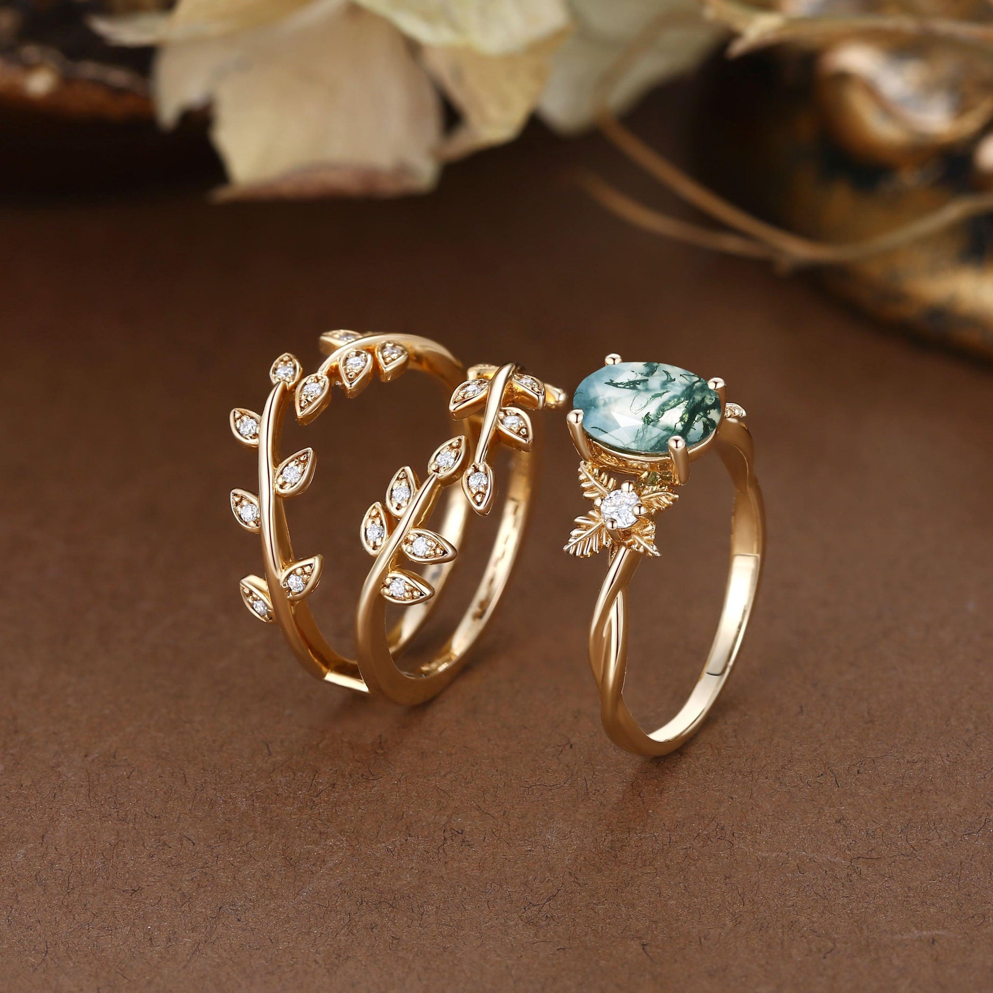 Léonie Oval Cut Moss Agate Leafy Enhancer Ring Set 2pcs.