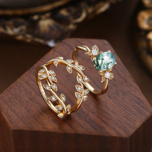 Léonie Oval Cut Moss Agate Leafy Enhancer Ring Set 2pcs.